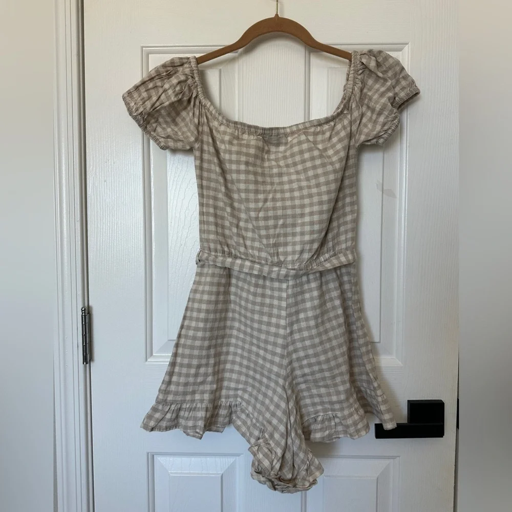 Topshop Gingham Bardot White/Tan Off-Shoulder Women’s Romper Size 4